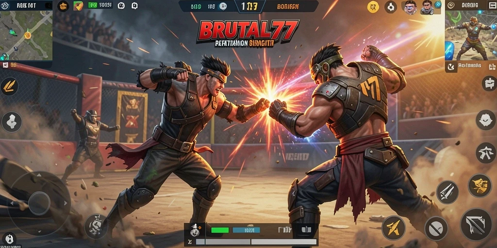 Tampilan gameplay intens di arena BRUTAL77.