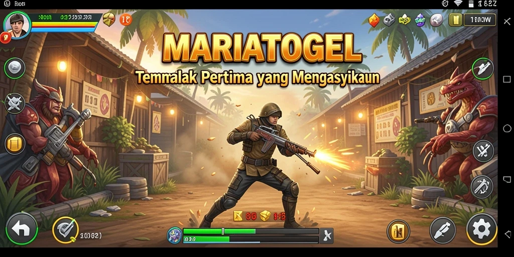Screenshot utama MARIATOGEL menampilkan aksi tembak-menembak yang intens.