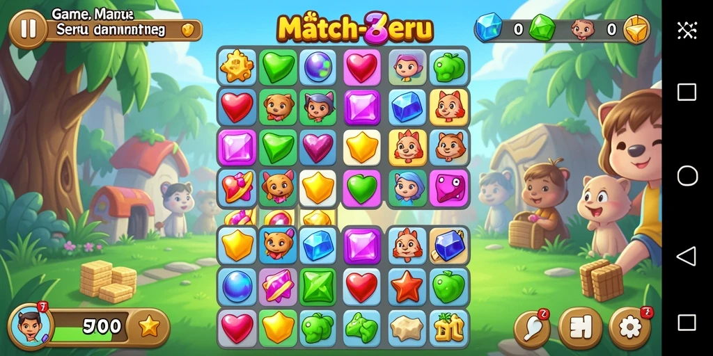 Screenshot utama T6 menampilkan aksi seru permainan Match-3.