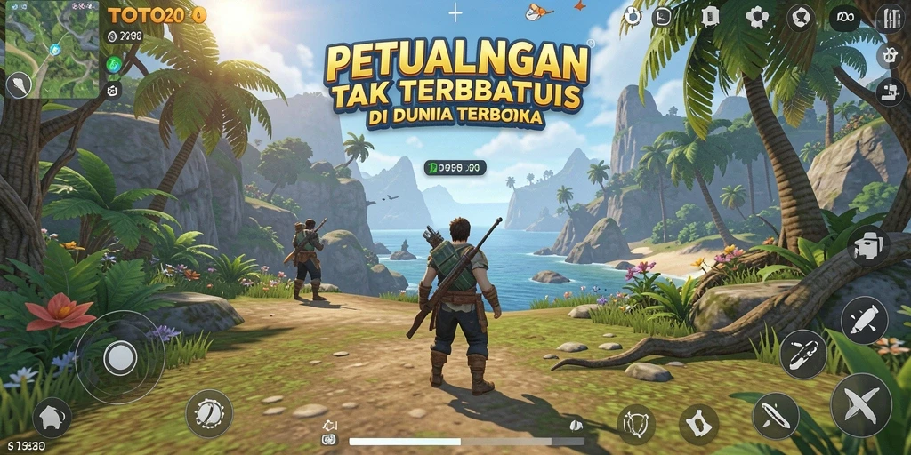 Tangkapan layar gameplay TOTO20 yang menunjukkan eksplorasi luas dunia terbuka.